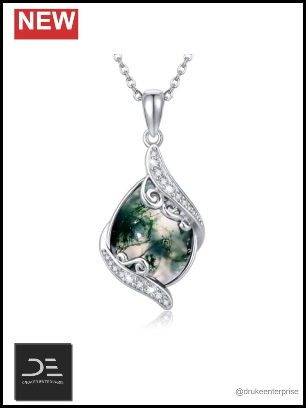 925 Sterling Silver Teardrop Moss Agate Pendant Necklace CZ Filigree Boho